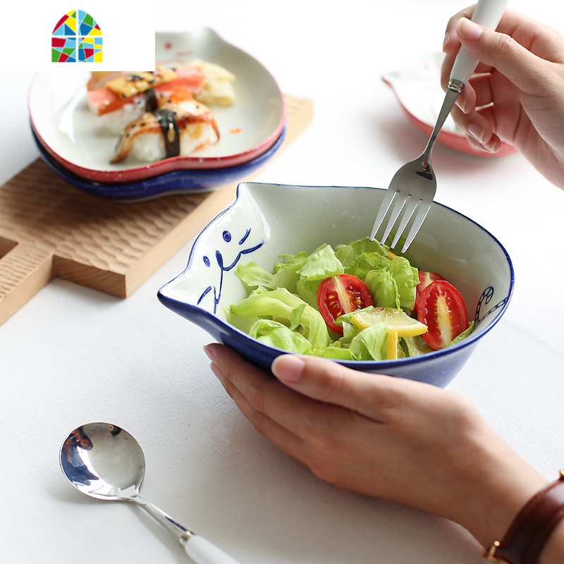 日式猫创意餐具碗可爱少女心米饭碗酱料水果沙拉碗盘子 FENGHOU 6.25寸碗-红色高清大图