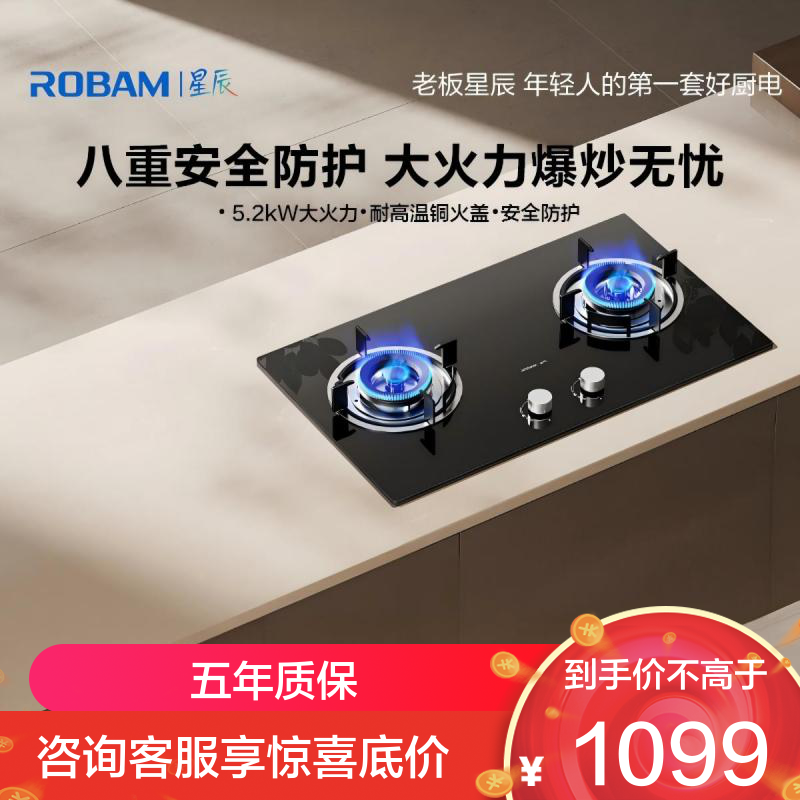 老板燃气灶20B2A家用天然气双灶嵌入式煤气灶5.2kW可调节小尺寸灶具灶台猛火灶燃气灶 星辰系列