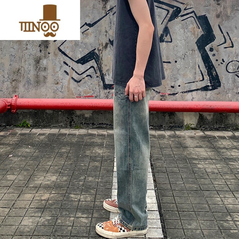 YANXU美式高街vibe做旧水洗复古蓝垂直感直筒牛仔裤男夏季潮牌百搭长裤高清大图