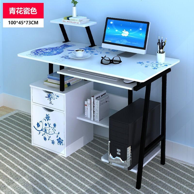 电脑桌电脑台式桌书桌简约家用经济型学生省空间办公写字桌子卧室 100有层板青花瓷
