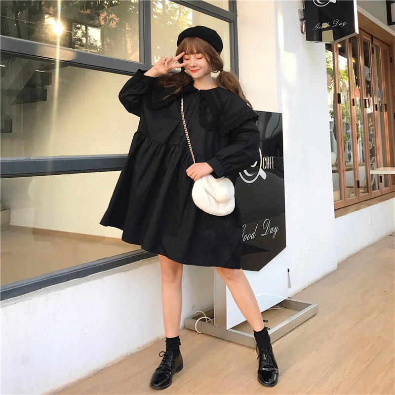 春季女装日系少女双层蕾丝边翻领宽松娃娃裙连衣裙长袖打底裙长裙黑色均码