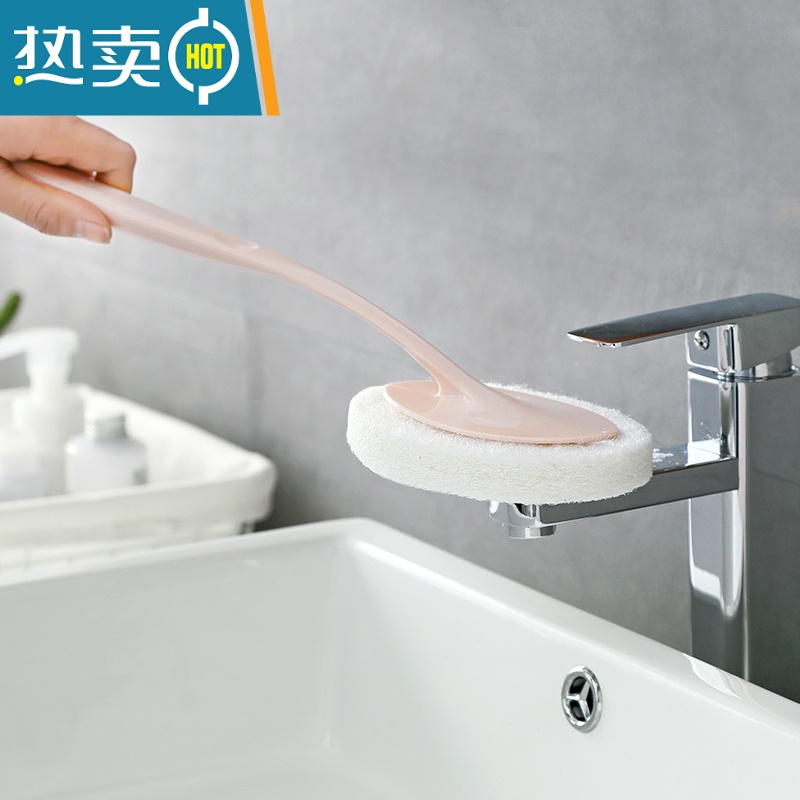 敬平长柄海绵刷卫生间浴缸刷长柄刷子浴室清洁地板刷厨房海绵擦清洁刷 灰色[1手柄+3个替换刷头]高清大图