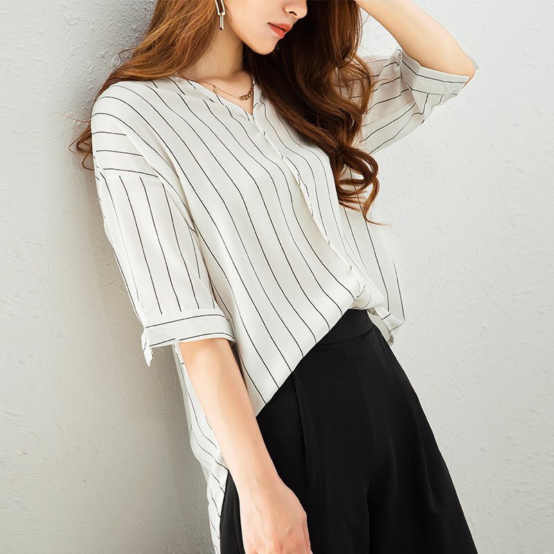 雪纺衫短袖女夏2018新款短款白色条纹衬衫超仙遮肚子显瘦洋气上衣