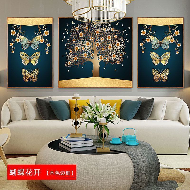 北欧壁画三联组合沙发背景墙客厅装饰画 花开吉象(金色边框) 40*60cm三联套装(建议1.8-2.5米沙发)太空银[铝高清大图
