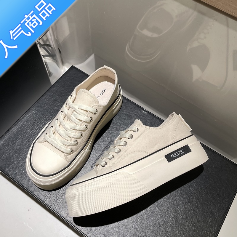 SUNTEK厚底帆布鞋女春2023新款小白鞋女小众设计感百搭女鞋子高清大图