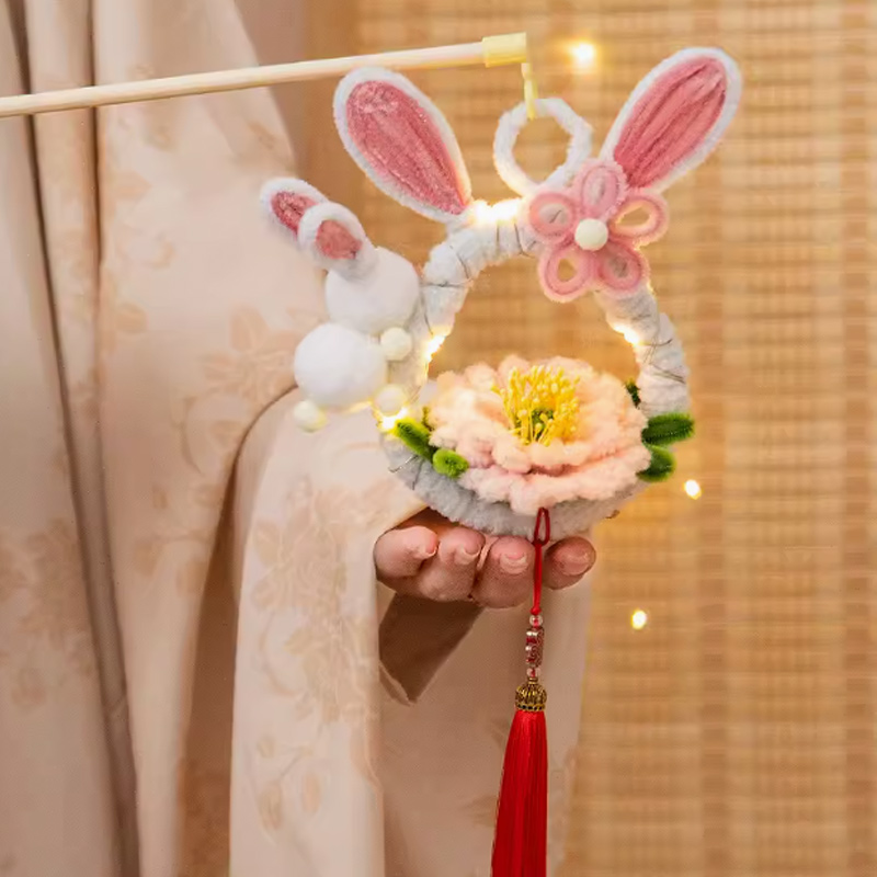 思唯美(sweet made) 中秋节兔子花灯手工编织制作材料包 DIY-手提兔子灯-中秋快乐(5个装)高清大图