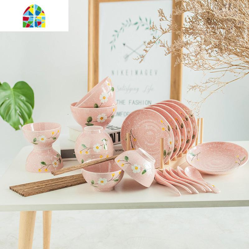 碗碟套装家用中式陶瓷吃饭餐具碗盘组合餐具碗筷勺创意个性餐具 FENGHOU 雪花釉英式粉色 18件