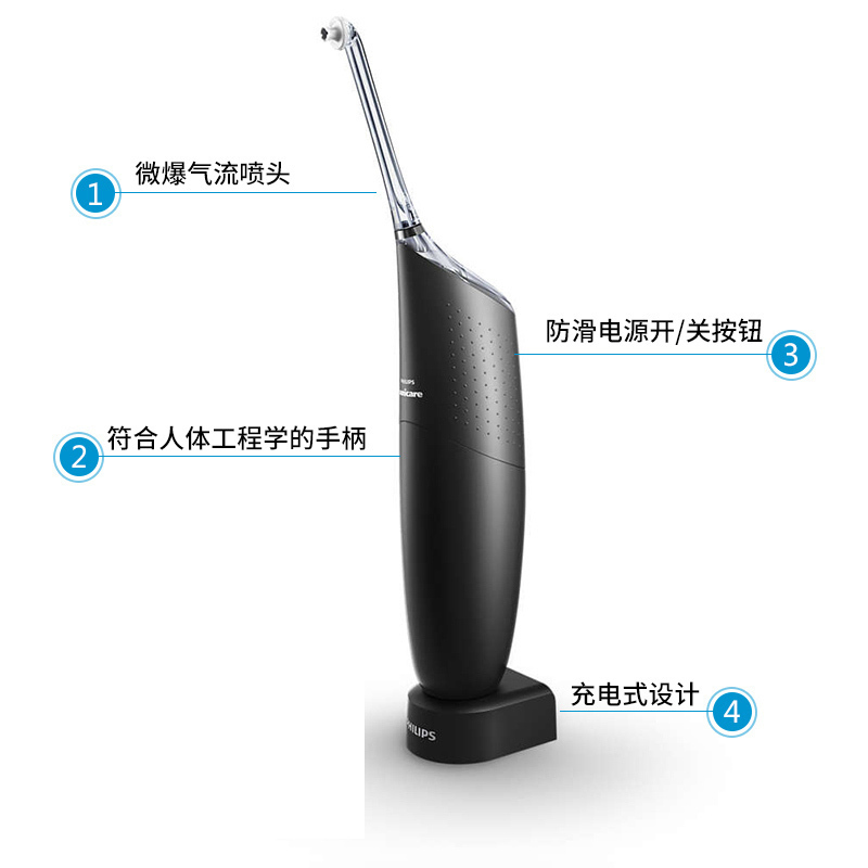 飞利浦(Philips)喷气式洁牙器HX8401/03黑色 成人冲牙器水牙线 2档水压有效清洁 9ml水箱容量方便携带
