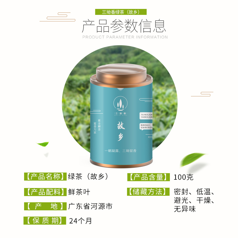 三坳香2020年新茶炒青绿茶（故乡）高山香绿茶精美灌装100g/罐