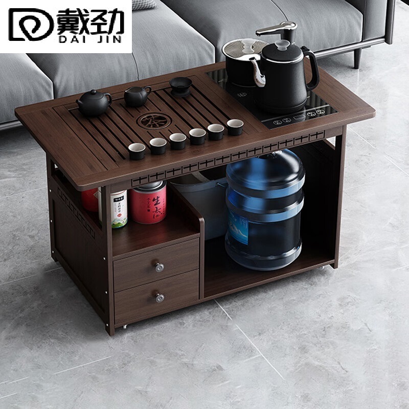 戴劲 移动茶台家用竹木小茶桌烧水壶一体简约现代功夫茶几 防烫+黑陶茶具高清大图