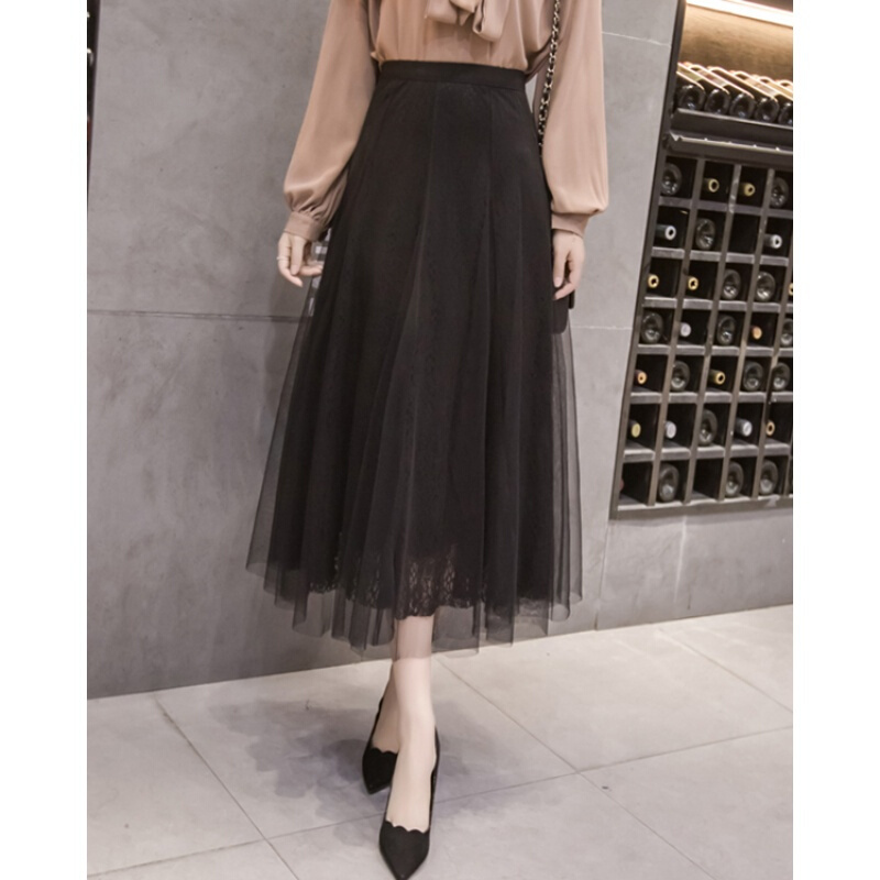 纱裙2018春季新款韩版高腰中长款蕾丝网纱a字半身裙女百搭百褶裙
