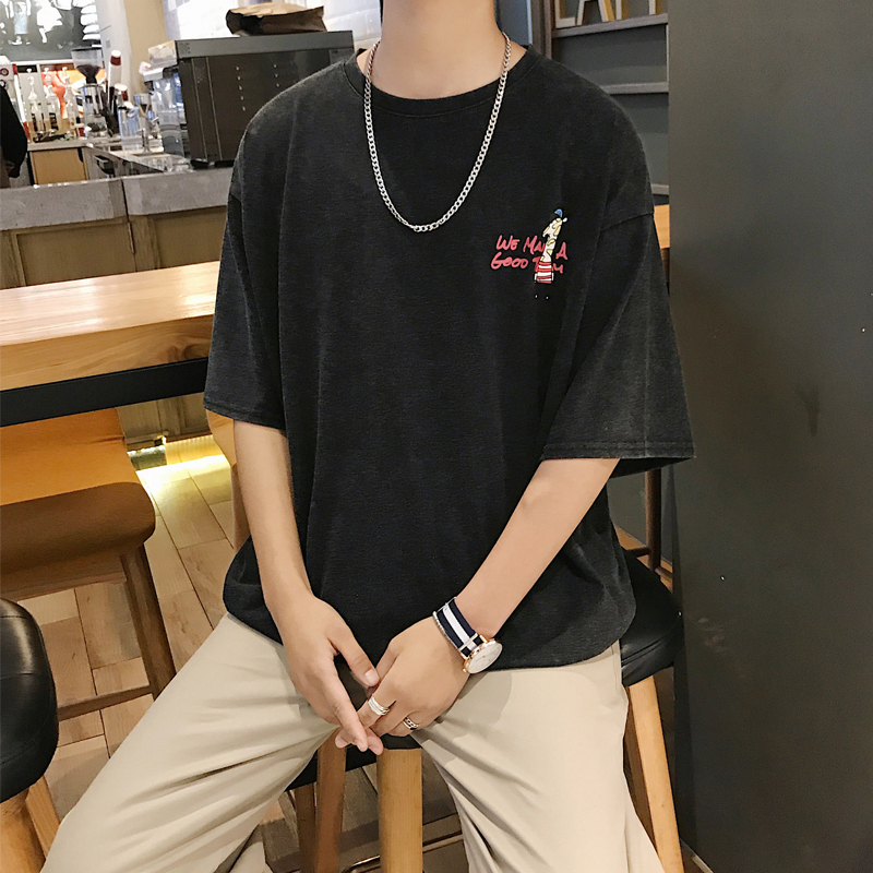 夏款宽松港风文艺韩版休闲圆领短袖T恤男字母印花打底衫青年学生