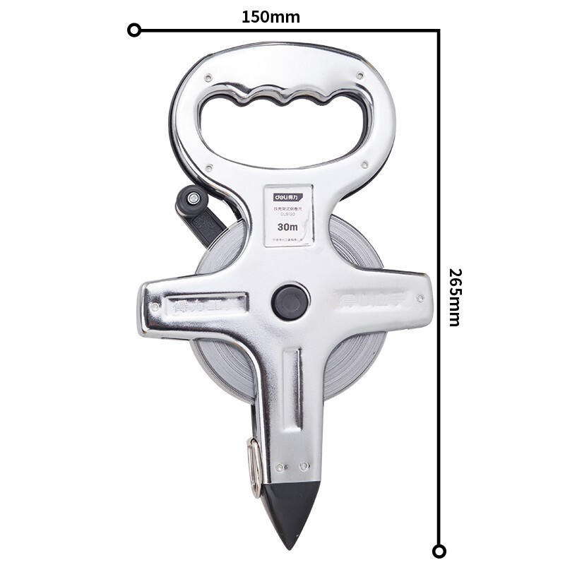 得力(deli)DL9130 架式铁盒钢卷尺 插地工程用米尺 30mx12.5mm 银色 1把