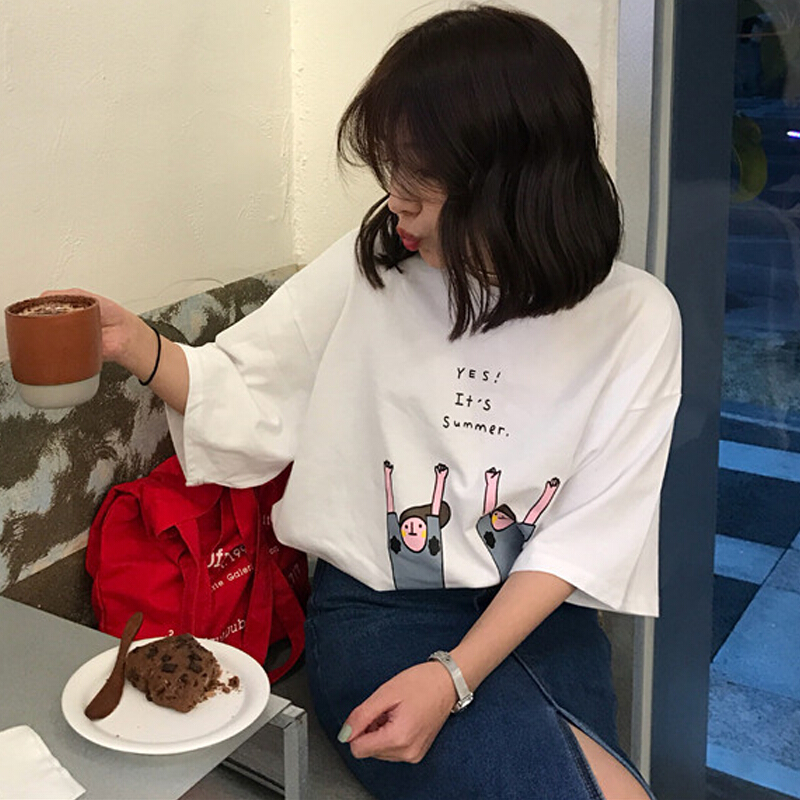 春夏韩版学院风卡通印花中袖T恤女bf宽松短袖上衣学生打底衫白色均码