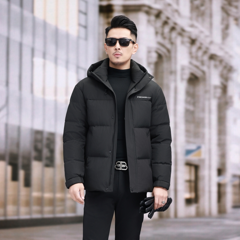 白鸭绒男士羽绒服冬装厚款连帽面包服羽绒服休闲外套冬羽绒服真皮皮衣男士连帽青年冬季加厚保暖外套鹅绒羽绒服 黑色羽绒服 195-4XL