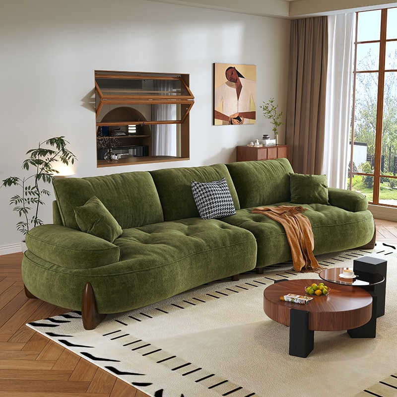 政府补贴中古风客厅靠背小户型弧形大坐深绿色复古风布艺沙发高清大图