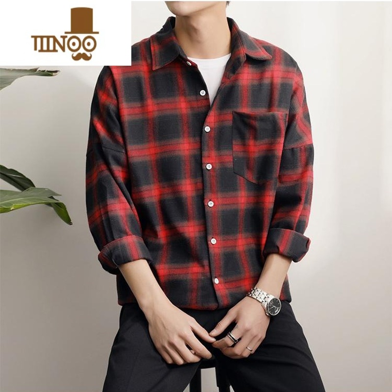 YANXU2023新款复古美式港风红黑白色格子衬衫男宽松长袖外套大码薄款潮高清大图