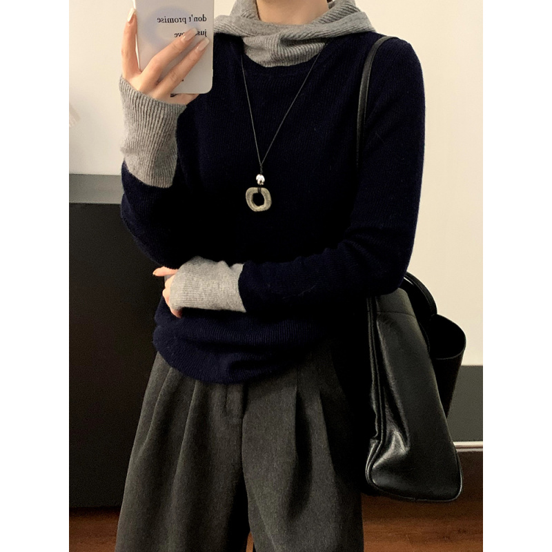 小单定制纯羊毛连帽针织衫女秋冬新款小众撞色假两件修身打底毛衣