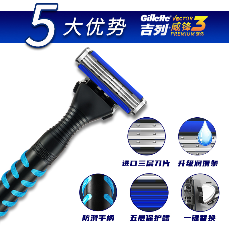 吉列Gillette威锋3强化版手动剃须刀 三层刀片 3刀头1刀架高清大图