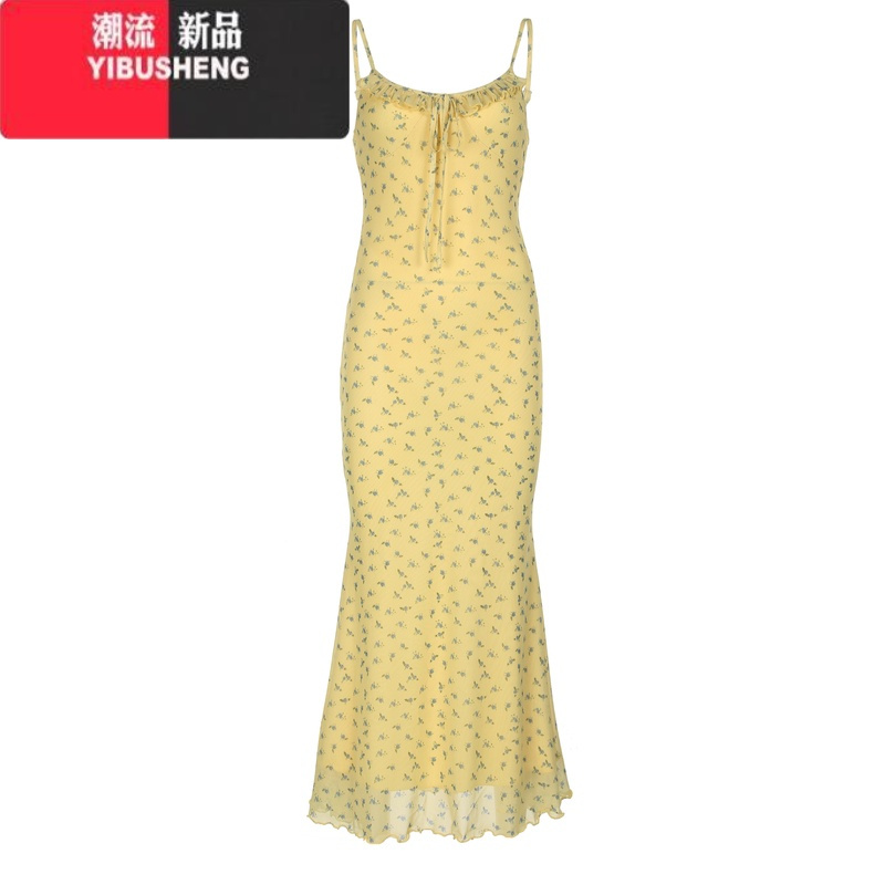 YIBUSHENGMSYOUCAN 欧美清新复古碎花荷叶边吊带连衣裙明艳多巴胺纯欲短裙