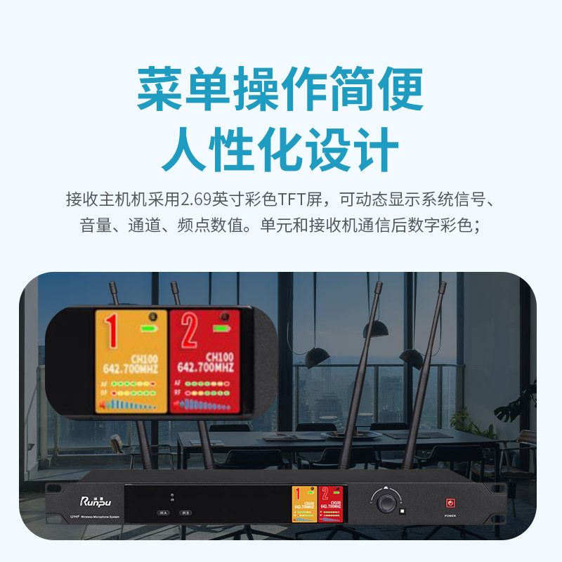 润普Runpu会议音频扩声系统 真分集+UHF 专业无线一拖二红外对频手持麦克风话筒RP-SU102S高清大图