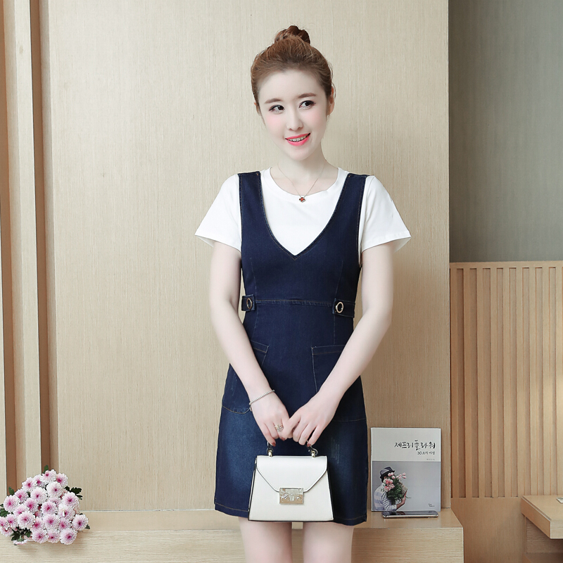 牛仔背带裙女夏季2018女装韩版口袋中长修身显瘦收腰连衣裙图片色