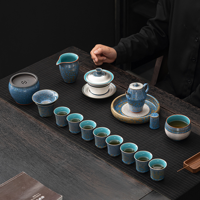 苏氏陶瓷(SUSHI CERAMICS)国礼蓝黛鎏银美人壶盖碗大套装功夫茶具非遗大师郑文强作品