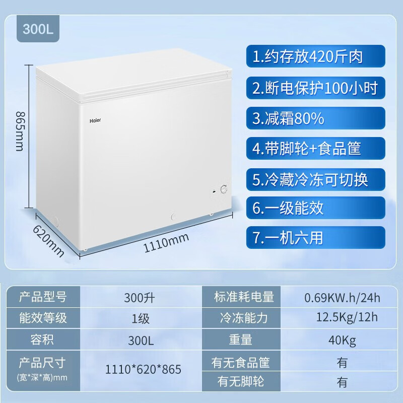 海尔冰柜300升无需除霜一级能效家商两用单温大冷柜 大容量卧式超低温节能省电减霜大冷冻柜可冻420斤肉