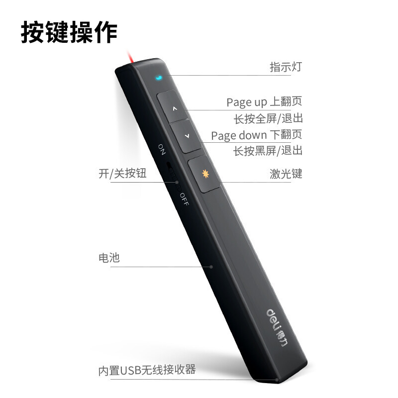 得力(deli)360度控制教师专用ppt投影笔激光翻页笔 激光笔教鞭演讲笔 无线演示翻页器课件笔 红光 黑色2802