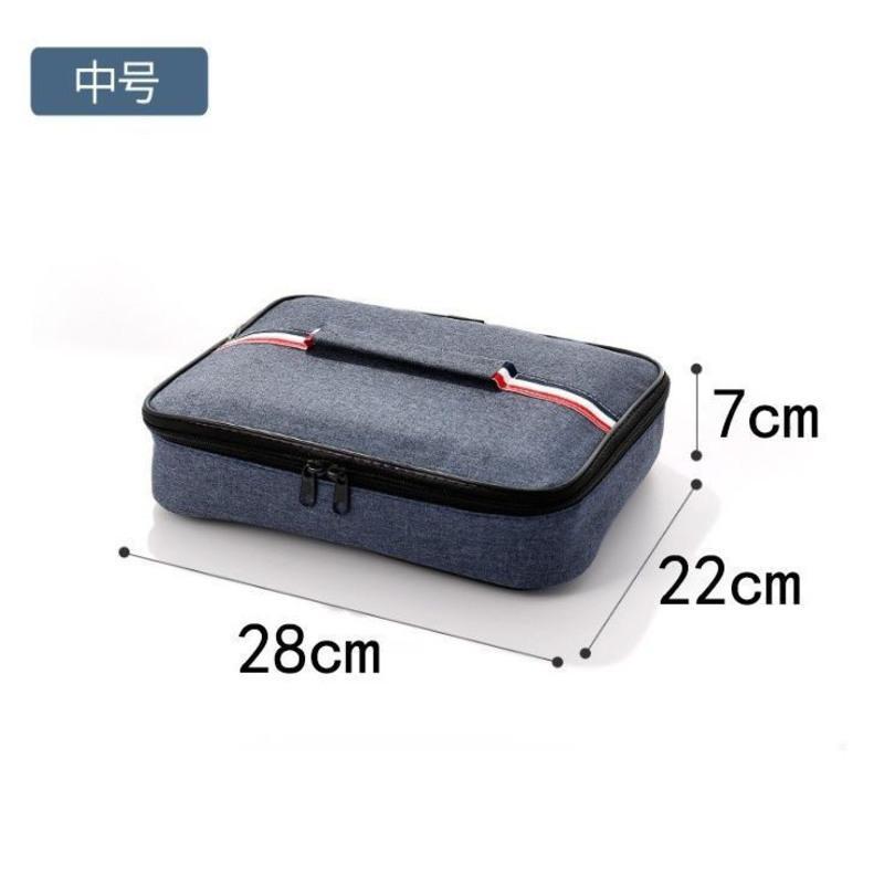 加厚蓝色中号餐盘袋28*22*7 儿童扁平饭盒袋手提包小学生防水防油平放便当包保温四格餐盘袋子