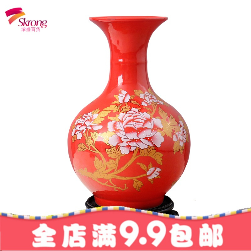 景德镇陶瓷花瓶家居客厅装饰品小摆件现代简约插花器红色结婚摆设