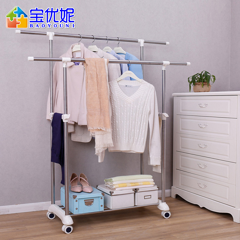 宝优妮 晾衣架落地双杆式不锈钢室内衣架伸缩晾衣服架简易晒衣架家用移动挂衣架 新款加长款象牙色高清大图