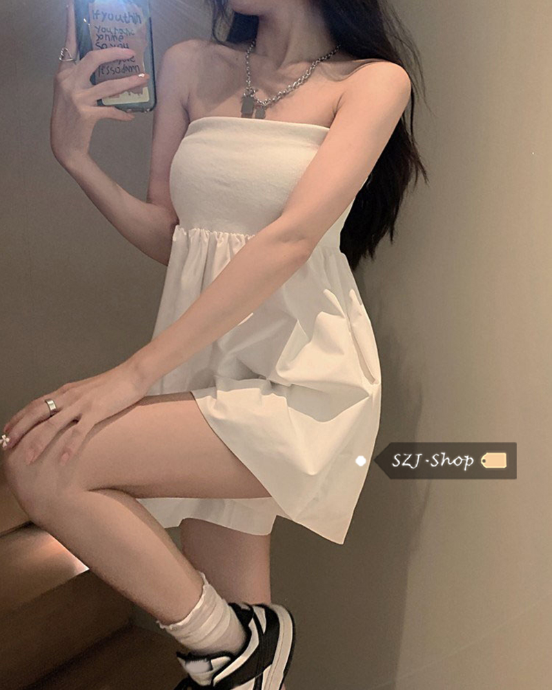 甜辣裙抹胸连衣裙女2021新款夏连身连体裤短裙子一字肩气质小裙子_黑色_均码