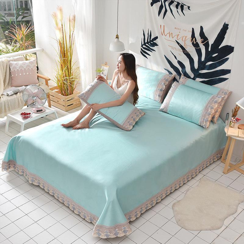 美帮汇床单款蕾丝凉席三件套空调软席冰丝席1.8米床 夏季折叠席子1.5m 青春绿-2019新款蕾丝凉席三件套 2.0m（6.6英尺）床
