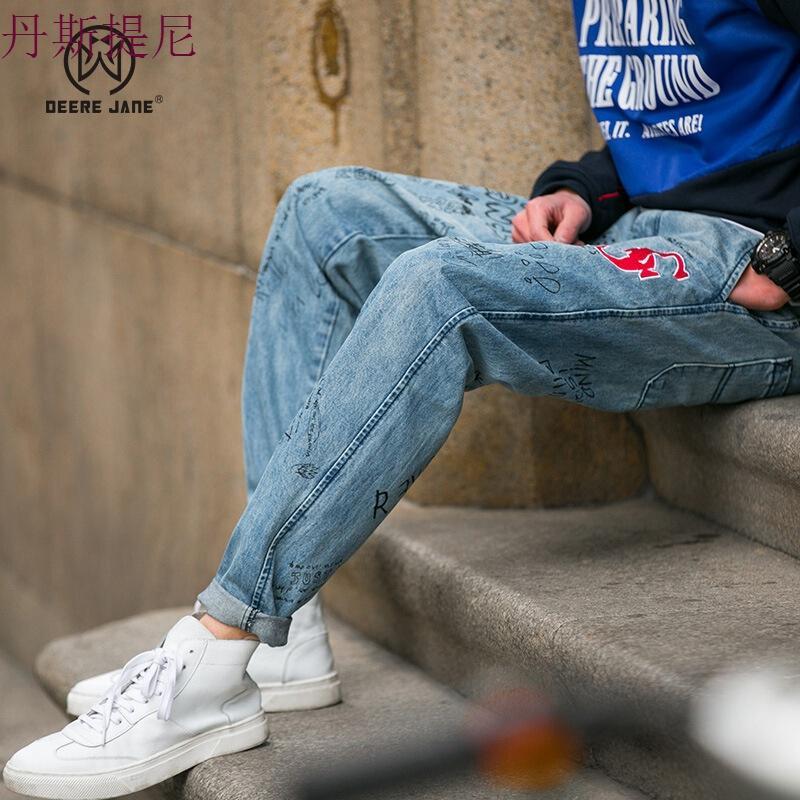DeereJane春季新款2018日系复古涂鸦牛仔裤男个性潮流潮牌直筒裤蓝色