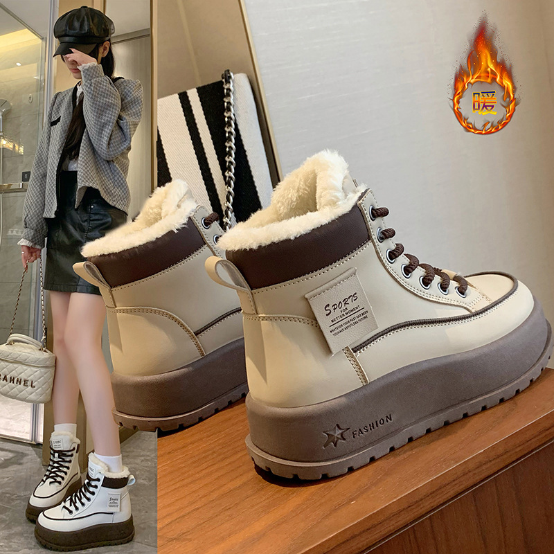 时言(SHIYAN) 加绒马丁靴女2025冬季新款保暖女靴韩版中筒女士靴子高帮厚底休闲鞋女高清大图