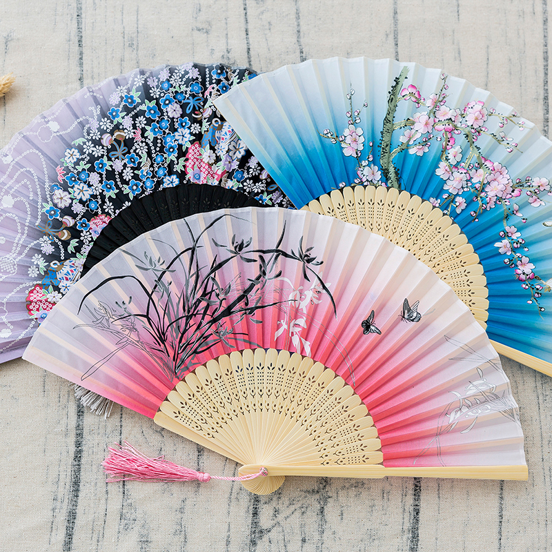古风折叠扇男女夏季和风舞蹈折叠扇子折扇中d3兰花草有扇袋