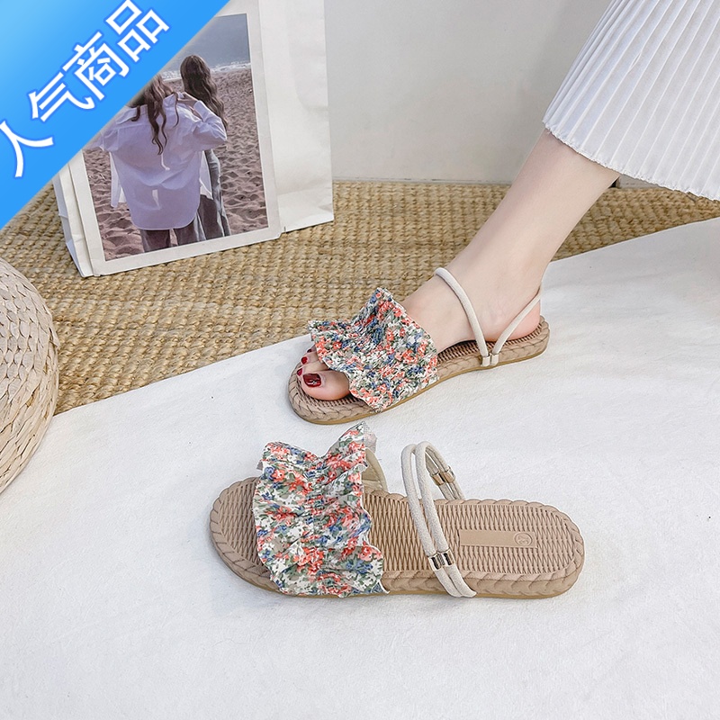 SUNTEK仙女风凉鞋女2022年新款夏季百搭低跟平底一字扣珍珠罗马鞋ins潮高清大图