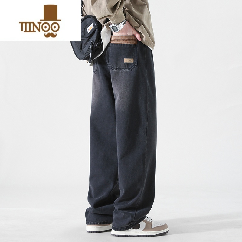 YANXU复古牛仔裤男做旧水洗高街潮牌休闲裤青少年直筒拖地长裤子高清大图