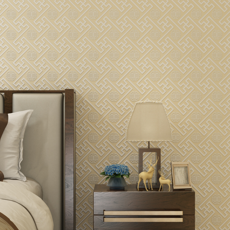 壹德壹墙纸/墙布 新中式环保无纺布客厅书房墙纸回形格圆凹凸感茶室