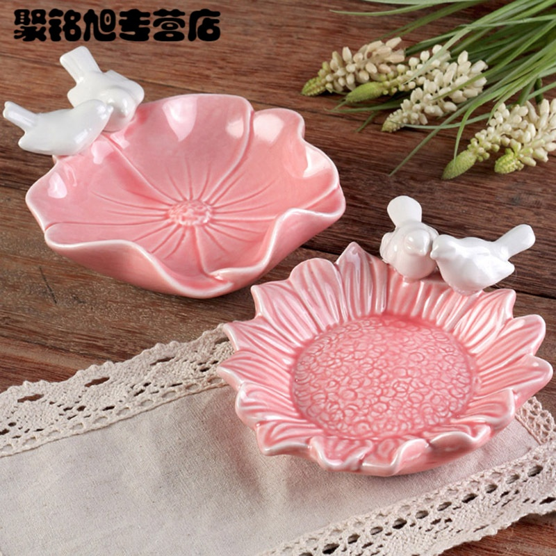 陶瓷创意摆件干果盘肥皂盒瓜子盘个性烟灰缸玄关杂物钥匙盒糖果盘-粉红色葵花款