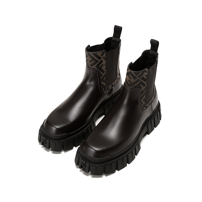 芬迪 fendi 男士牛皮/织物fendi force靴子短靴切尔西靴黑色棕色ff