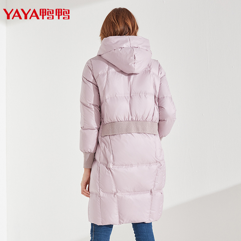 鸭鸭90鸭绒女士中长款连帽羽绒服纯色时尚潮流保暖外套