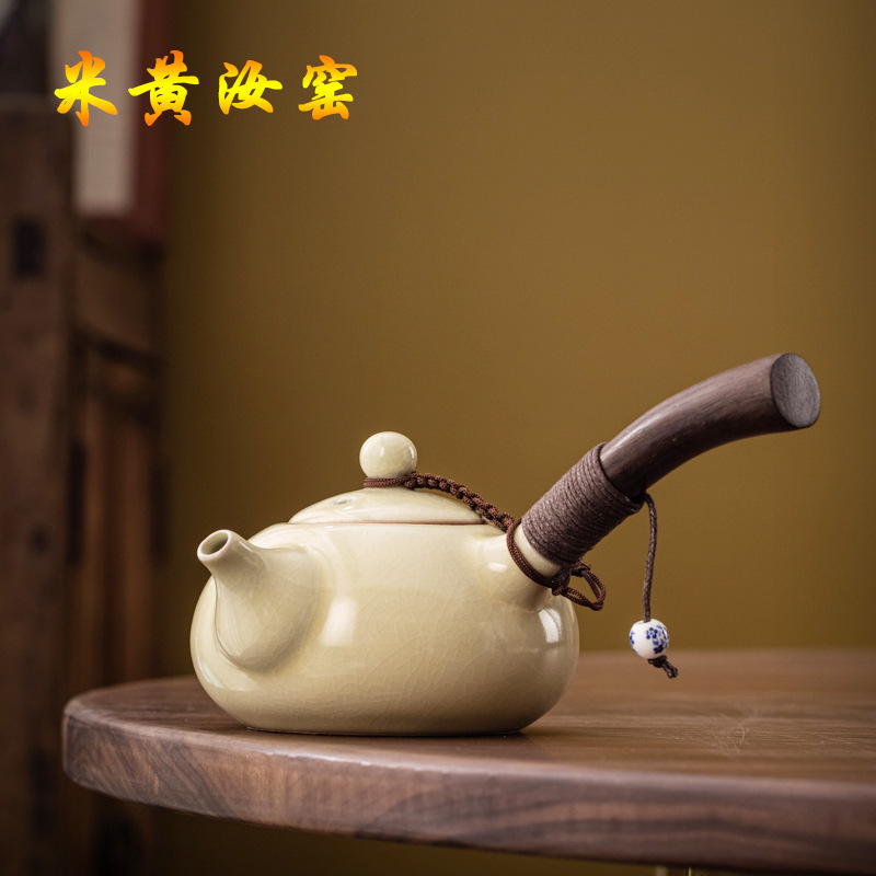米黄汝窑复古日式茶壶卫全行家用开片可养侧把壶陶瓷纯手工黑檀木柄泡茶