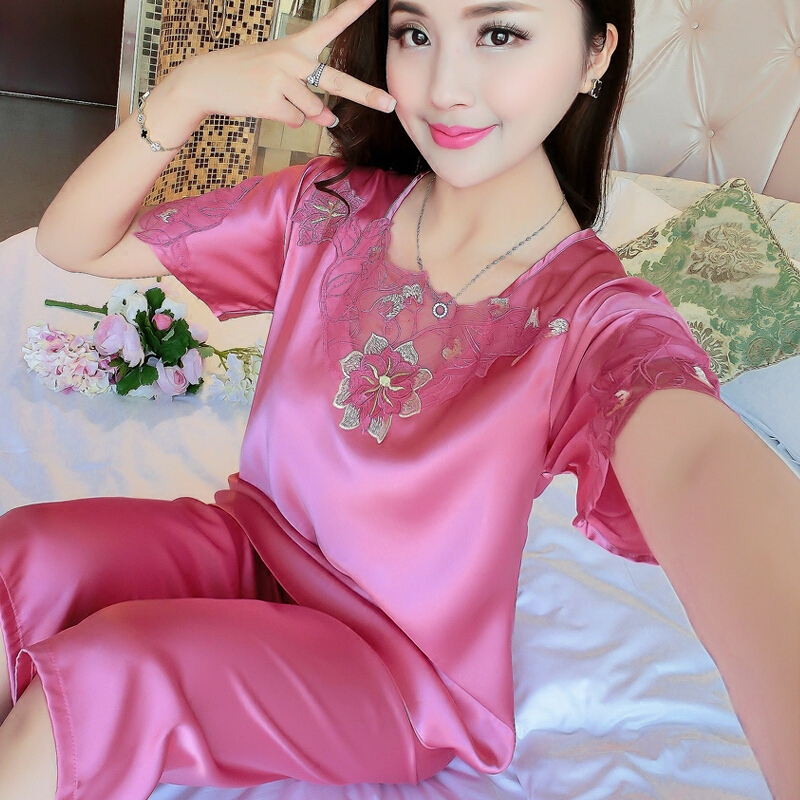 睡衣女夏短袖夏季套装冰丝绸女士性感薄款家居服夏天可外穿两件套粉红