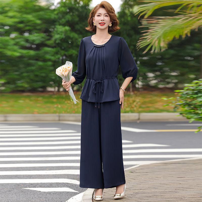 纤孜雅 夏季妈妈装时尚短袖雪纺两件套中年女装夏装T恤上衣气质减龄套装高清大图
