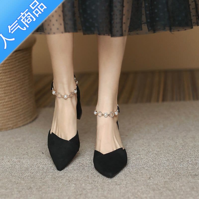 SUNTEK粗跟小码313233中跟包头凉鞋女夏季一字带黑色高跟鞋女珍珠单鞋图片