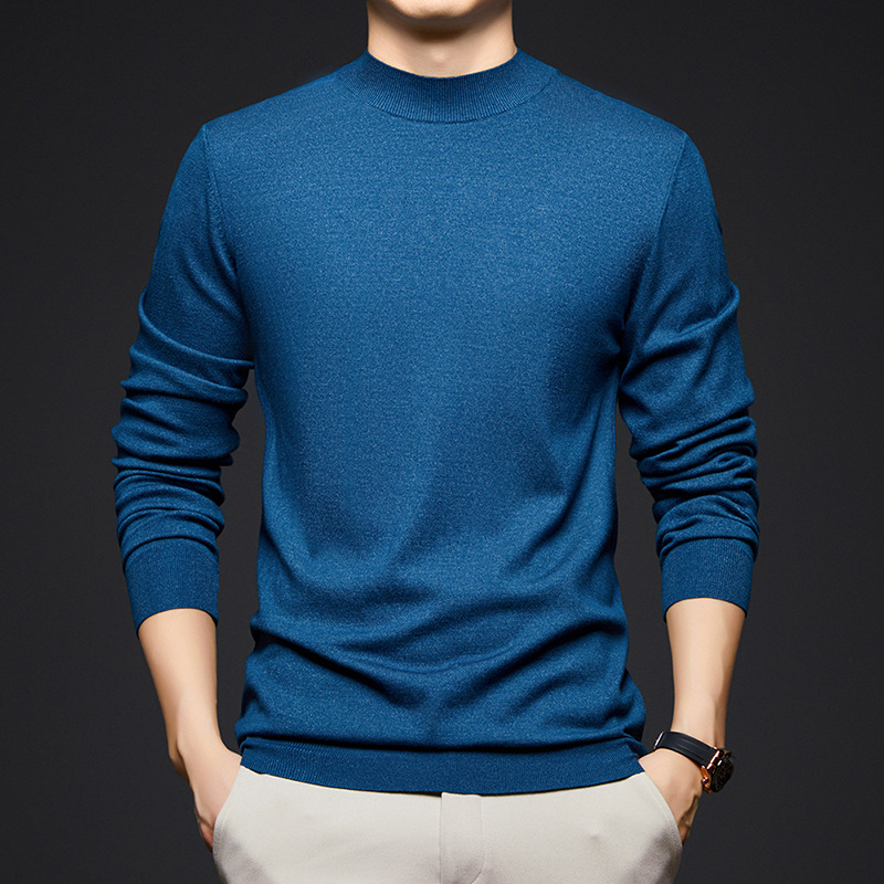 16针高密精仿针织衫男2025秋季新款半高领休闲打底男士毛衣 海水蓝 XL