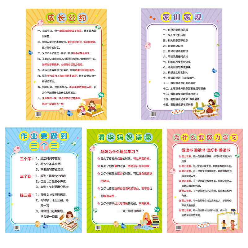 成长公约挂图 [正版]家规家训挂图墙贴全套5张儿童自律客厅创意挂图成长公约作业要做到三个三为什么要努力学习男孩女孩成长励高清大图