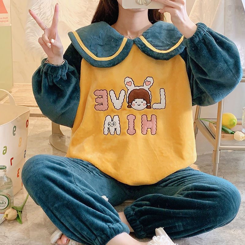 睡衣女秋冬季法兰绒韩版甜美卡通公主风家居服珊瑚绒加厚保暖套装